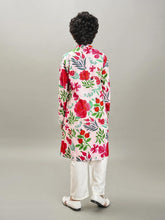 Boys Peach floral printed kurta with a off white pajama